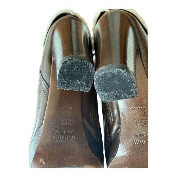 Miu Miu Shearling Lined Brown Leather Ankle Boots SIZE 9.5 Buckle Strap Designer - Picture 7 of 16
